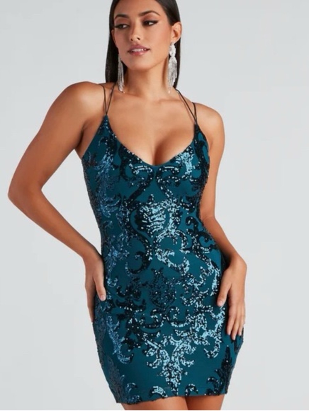 Windsor Teal Sequin Spaghetti-Strap Mini Dress